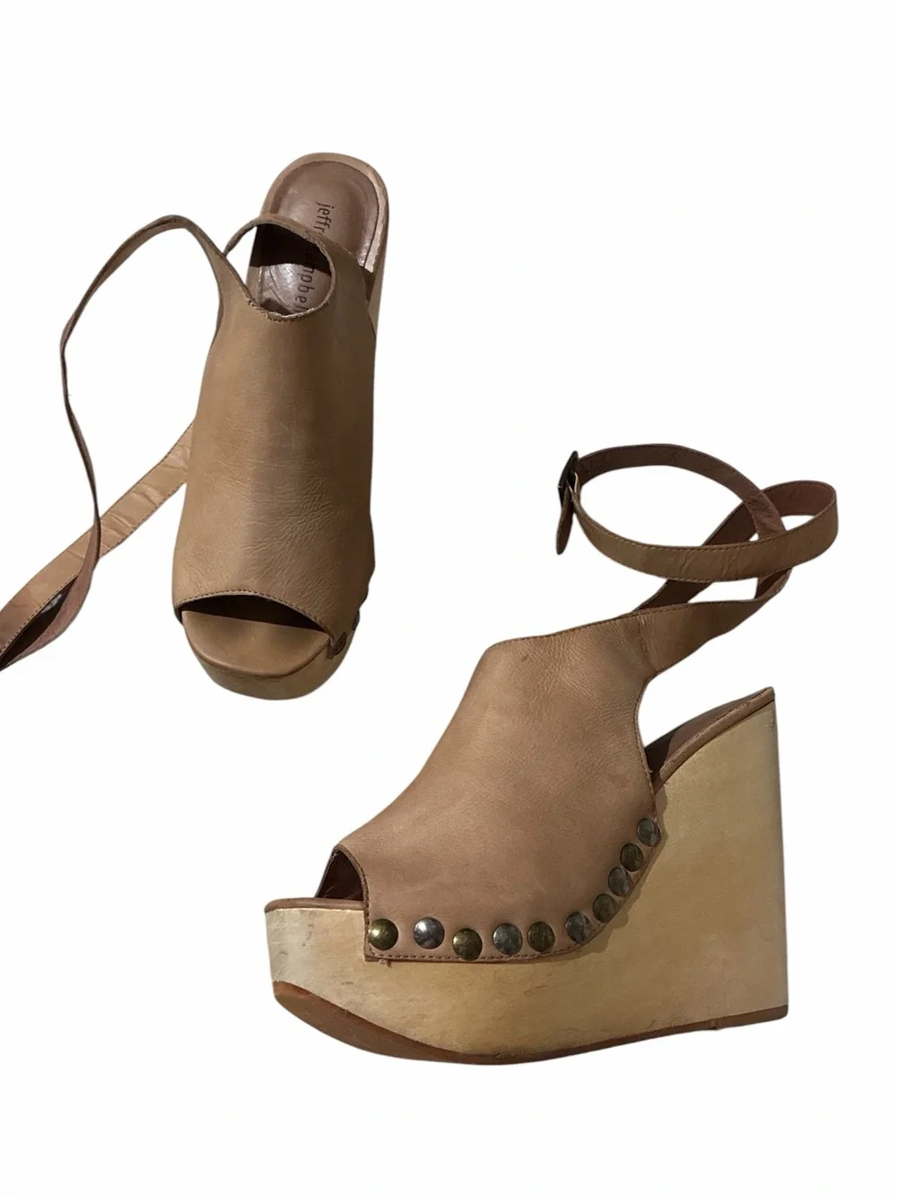 Vintage Y2K Jeffrey Campbell  Leather Wooden Wedge Peep-Toe Ankle Strap